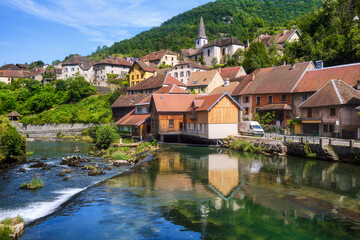 Naklejka premium Lods village in the Loue river valley, Doubs, France