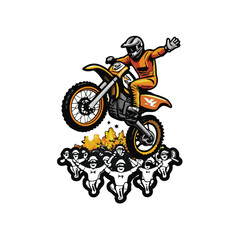 Vector illustration of a motocross rider performing a stunt, jumping over a crowd of people cheering.