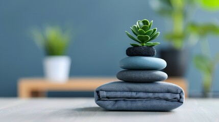A serene and minimalist arrangement of smooth stones, a succulent plant, and folded fabric on a table, with a blurred background of plants.