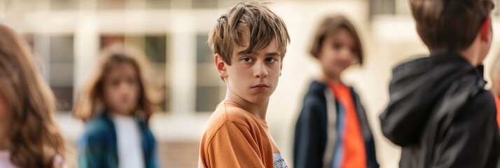 Bold boy defiantly facing the camera amidst taunts from peers standing up against bullying
