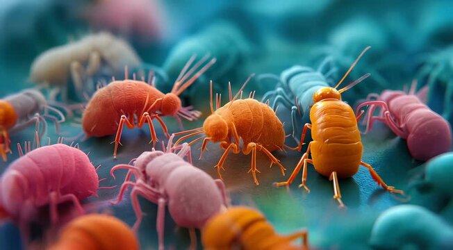 Highly magnified view of colorful dust mites featuring detailed textures and structures in orange, pink, blue, and yellow.
