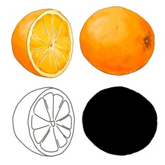 Watercolor orange orange whole, in section, silhouette, outline for children isolated on white background