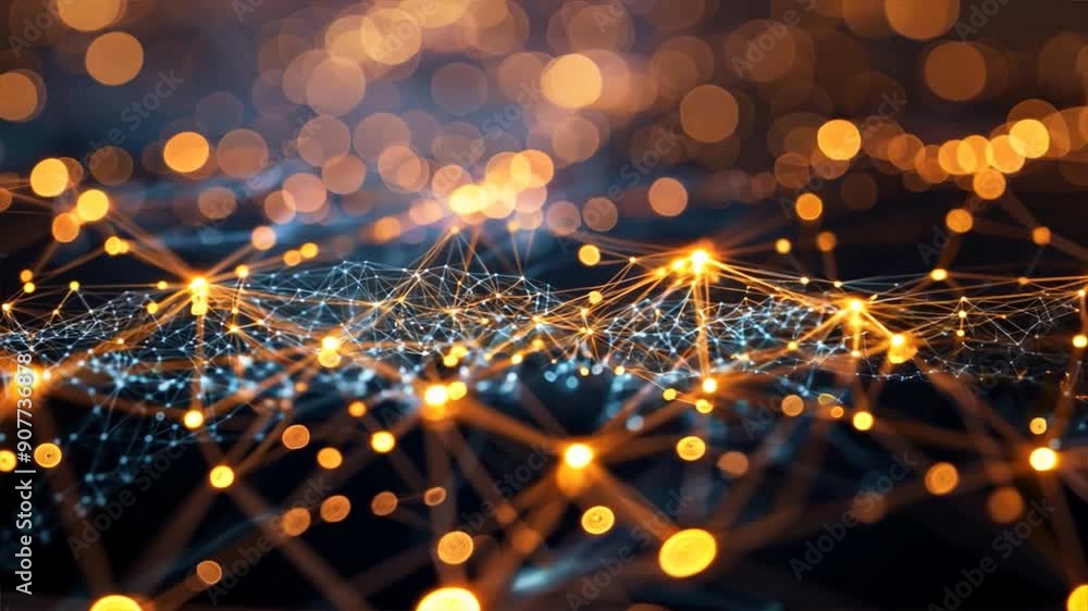 Poster close-up of a glowing digital grid with interconnected nodes.