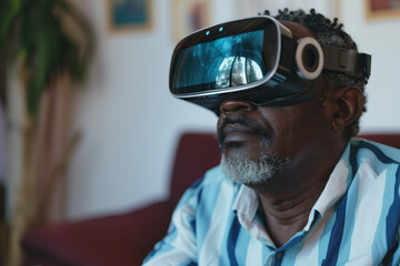 African American elderly man with gray beard wearing virtual reality headset, immersed in a digital experience at home.
