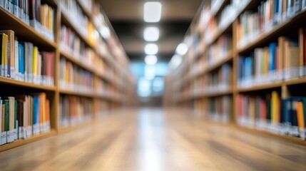 Fototapeta premium Abstract blurred public library interior space. blurry room with bookshelves by defocused effect. use for background or backdrop in business or education concepts