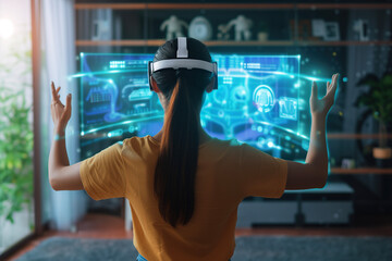 Rear view of woman using a VR headset manipulates a holographic interface in her living room, highlighting the immersive power of augmented reality and spatial computing technology. 