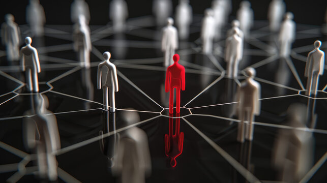 A network of people connected by lines, with one person in red standing out among the white figures on a black background, symbolizing selfhood and personal growth through social connections.