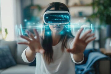 A woman wearing a VR headset engages with a holographic interface, exploring digital elements and spatial computing technology in a living room.