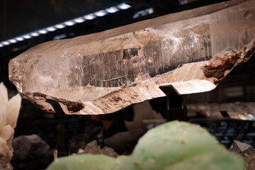 Backlit Large Elongated Rock Crystal Against Dark Background, Highlighting Translucent Clarity,...