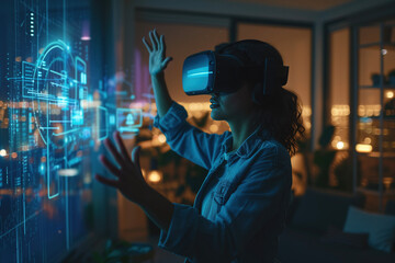 African American woman wearing VR headset interacts with a futuristic virtual interface in room at night with city lights in the background. Spatial computing and augmented reality technology concept