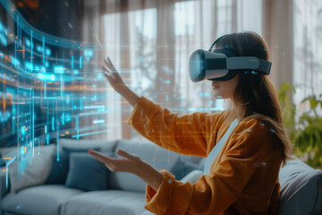 A young satisfied woman wearing a VR headset interacts with a holographic display, exploring virtual data through spatial technology in a modern living room.