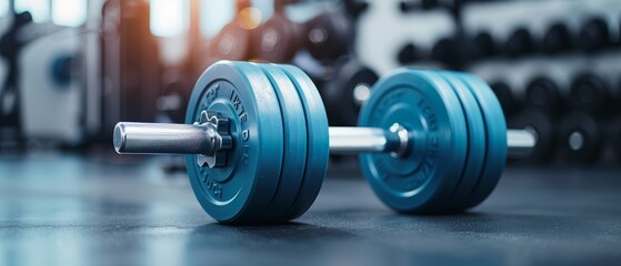 Close-up of blue dumbbell and barbell on a gym floor with gym background, perfect for fitness and strength training concepts.
