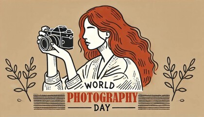 World Photography Day, Photography Week, National Camera Day, illustration, graphic, woman, camera, photography, red hair, artistic, design, vintage style, celebration, event, retro, creative, drawing