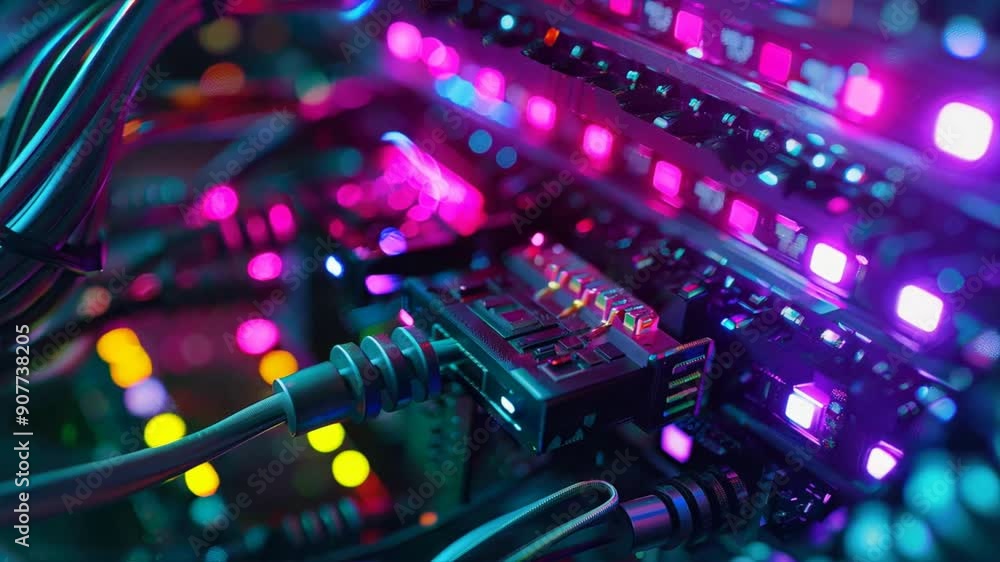 Poster close-up of a network server with glowing status lights and cables