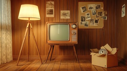 Cozy Retro Living Room with Vintage Television and Warm Lighting for Nostalgic Home Decor