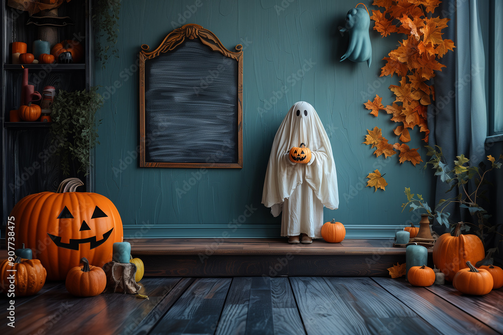 Wall mural Halloween theme background with funny ghost, pumpkins and empty chalkboard.