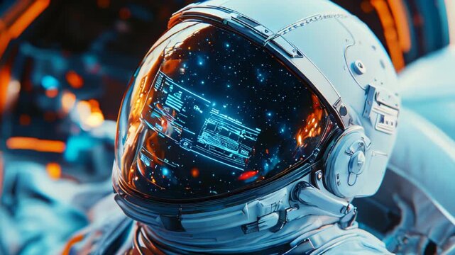 Close-up view of futuristic space helmet visor with holographic interface. Concept of advanced space technology and digital augmented reality in space missions