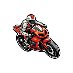 Create a vector image of a sleek red sportbike with a rider in full gear, from a slightly elevated perspective.