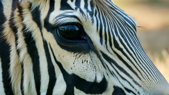 Extreme close up of zebra eye and face. Beautiful wild animal walking in safari park closeup. Zebra portrait with black and white stripes. African herbivore ungulate. Africa wildlife. Macro view.