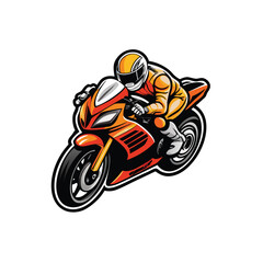 Generate a vector image of a sleek sportbike with a rider in a racing suit and helmet.