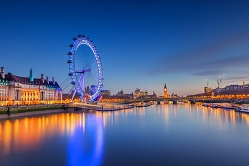 Obraz premium London at twilight. London eye, County Hall, Westminster Bridge, Big Ben and Houses of Parliament.