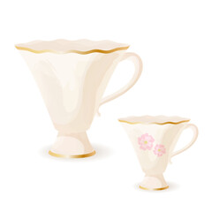 Elegant beige tea or coffee cup with golden ribbon and pink flowers. Fine china, porcelain. Dinnerware for tea party. Isolated vector illustration.