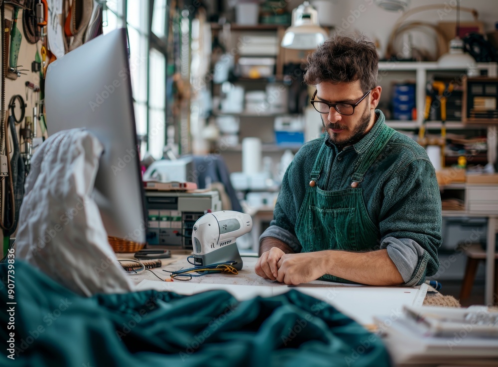 Poster electrician in green overalls working on a machine with great focus in a workshop setting