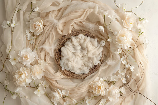 Digital background for newborn photos with empty fluffy round Moses' bed.