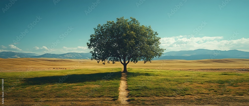 Poster lone tree in a field with a path.