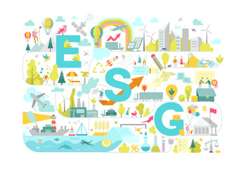 ESG, environmental, social, and governance concept with icons of green energy, eco friendly business, agriculture, future technologies and social protection. Vector geometric banner of ESG