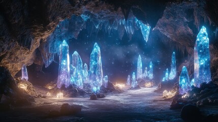 A mystical cave with glowing crystals and ancient carvings
