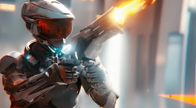 Futuristic sci-fi soldier in high-tech armor aiming an advanced weapon in a dynamic action pose with glowing suit and weapon details.