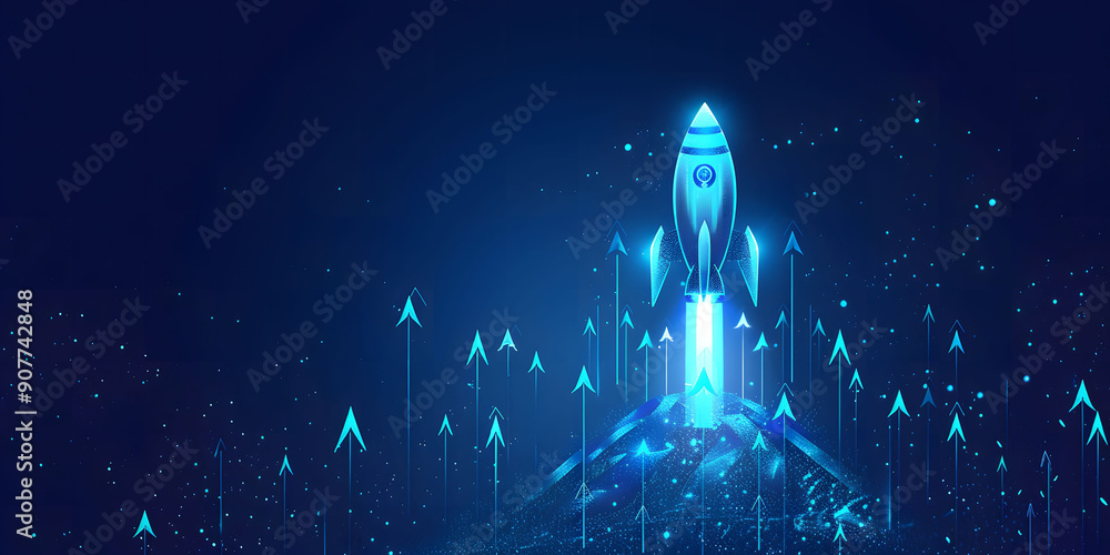 Poster abstract futuristic blue background with glowing arrows pointing upwards and a rocket taking off. ve