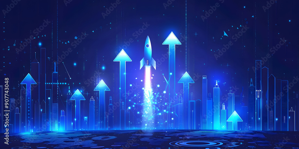 Poster abstract futuristic blue background with glowing arrows pointing upwards and a rocket taking off. ve