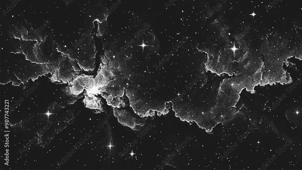 Leinwandbilder Deep space scene background in stippling style with amazing huge nebula and glowing stars cluster in universe. Retro styled dotwork. Pointillism. Noisy grainy shading using dots. Vector illustration