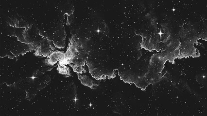 Deep space scene background in stippling style with amazing huge nebula and glowing stars cluster in universe. Retro styled dotwork. Pointillism. Noisy grainy shading using dots. Vector illustration © 3d_kot
