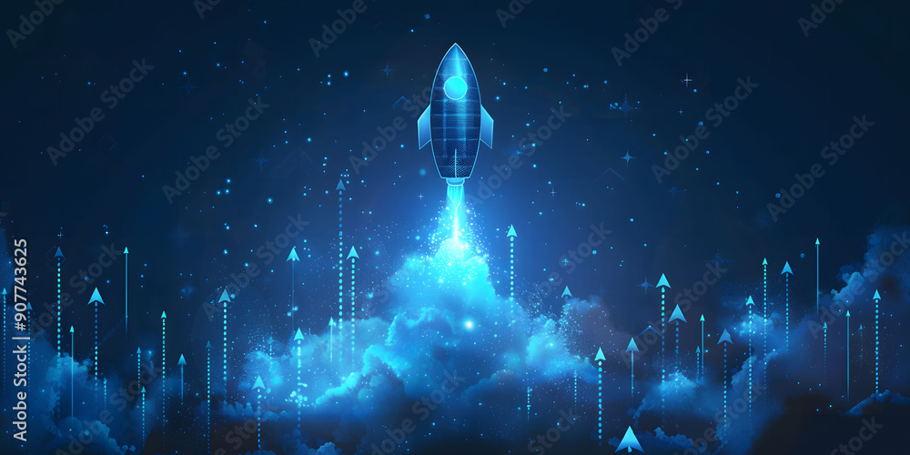 Wall mural abstract futuristic blue background with glowing arrows pointing upwards and a rocket taking off. ve