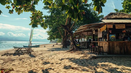 Tranquil beach bar on a tropical island with lush trees, serving refreshing drinks and snacks on the sandy shore with ocean views under a sunny sky