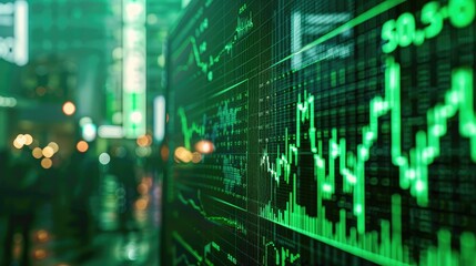 Futuristic green display concept of the S&P 500 stock market index on a large screen.