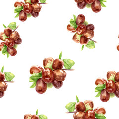 A colorful watercolor seamless pattern of an assortment of dates and nuts displayed on a white background