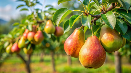 Obraz premium pear on a tree, tree, food, red, branch, ripe, nature, apples, healthy, leaf, autumn, agriculture, leaves, orchard, fruits, garden