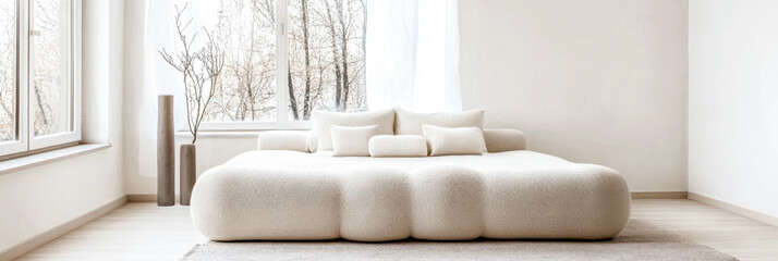Bedroom interiors with an elegant bed next to a window and minimalist furniture. Residential spaces for relaxing composition with copyspace.