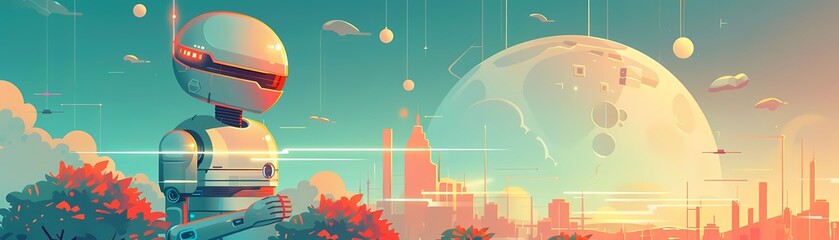 Obraz premium A futuristic robot stands beneath a vibrant sky, gazing at a large moon, symbolizing technology and exploration in a digital world.