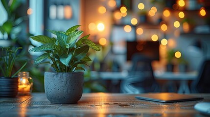 3D rendering of a beautiful green plant in a pot on a wooden table zoom office background