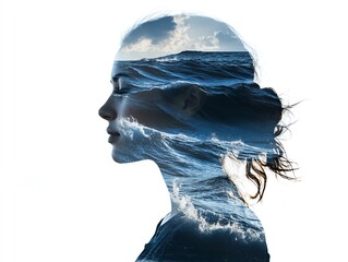 Double exposure portrait of a woman with a seascape inside her head.