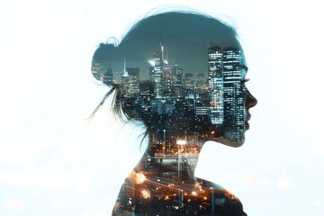 Double exposure portrait of a woman with cityscape overlay, representing urban life and dreams.