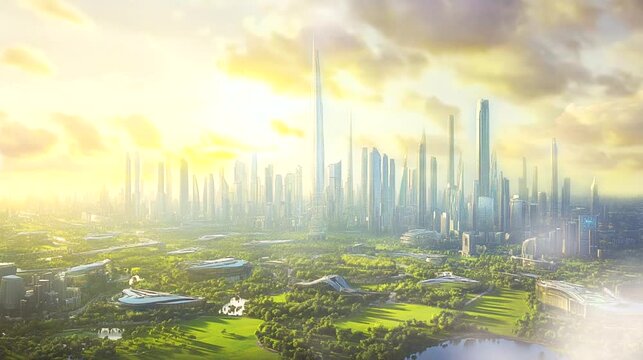 Utopian urban cityscape at dusk with vibrant evening colors, seamless looping animation
