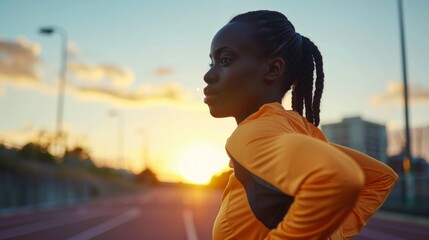 Focused woman runner in action at sunset. Training hard on the track. Athletic and determined. Completing a run on a warm evening. Capturing the essence of dedication and perseverance . AI