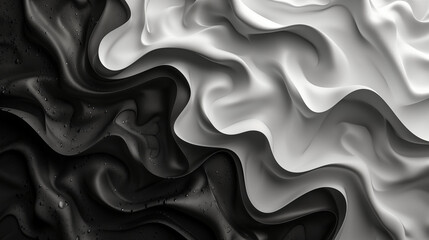 Obraz premium Abstract black and white undulating forms create mesmerizing contrast with water droplets. Concept of fluidity, balance, and duality.