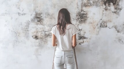 Young woman on stepladder looking at moldy wall in kitchen, back view